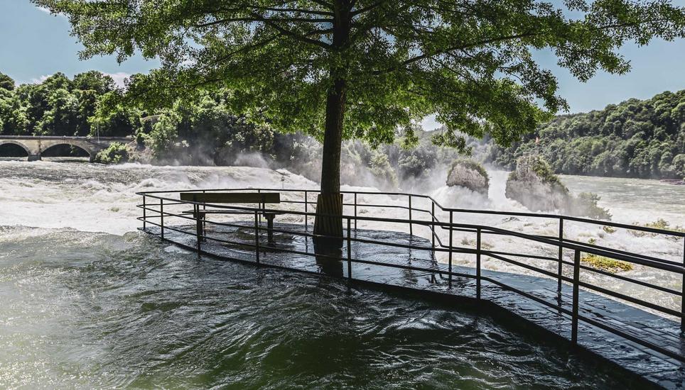Der hohe Wasserstand am Rheinfall zieht zur Zeit viele Touristen an, die Boote fahren noch beschraenkt, das Wasser laeuft an einigen Stellen schon ueber, ein eindrueckliches Naturspektakel,  am Montag, 10. Juni 2024. (Melanie Duchene / Schaffhauser Nachri