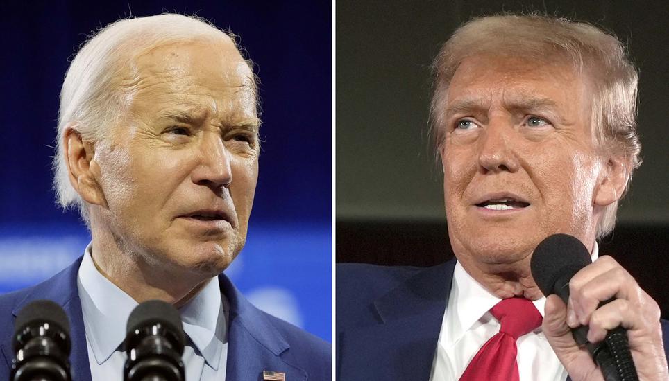 In this combination photo, President Joe Biden speaks May 2, 2024, in Wilmington, N.C., left, and Republican presidential candidate former President Donald Trump speaks at a campaign rally, May 1, 2024, in Waukesha, Wis. President Joe Biden says he won?t 