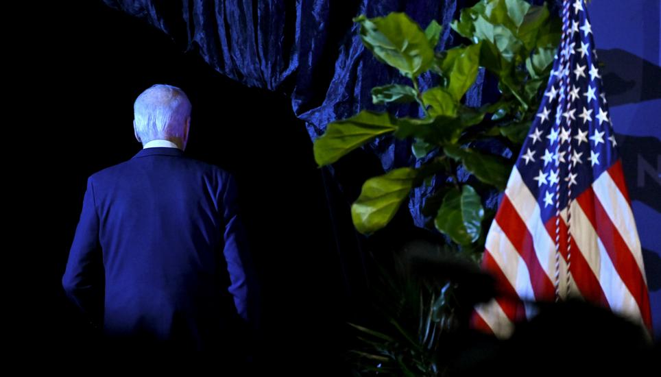 President Joe Biden exits the stage after speaking at the 115th NAACP National Convention on Tuesday, July 16, 2024, in Las Vegas. (AP Photo/David Becker)