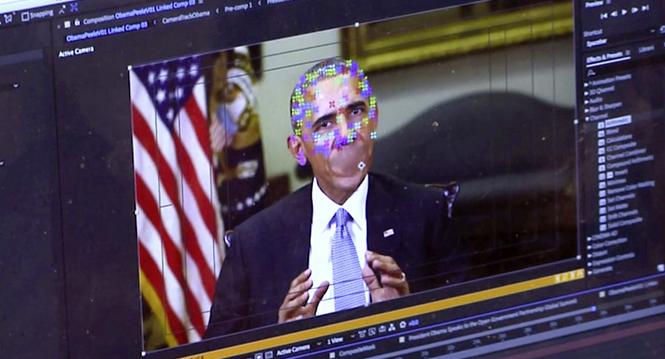 This image made from video of a fake video featuring former President Barack Obama shows elements of facial mapping used in new technology that lets anyone make videos of real people appearing to say things they've never said. There is rising concern that
