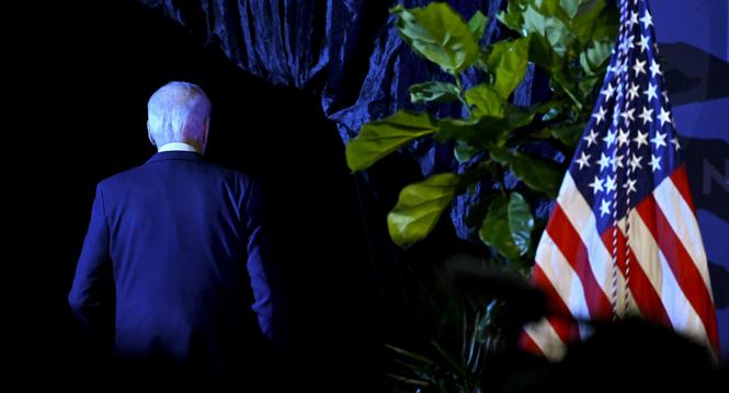 President Joe Biden exits the stage after speaking at the 115th NAACP National Convention on Tuesday, July 16, 2024, in Las Vegas. (AP Photo/David Becker)