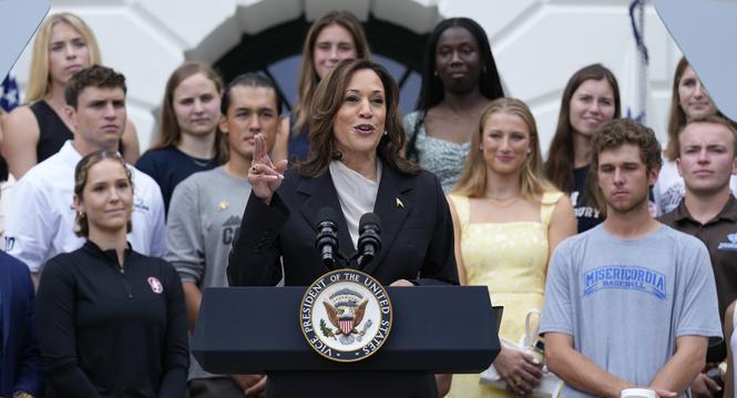 Vice President Kamala Harris speaks from the South Lawn of the White House in Washington, Monday, July 22, 2024, during an event with NCAA college athletes. This is her first public appearance since President Joe Biden endorsed her to be the next presiden